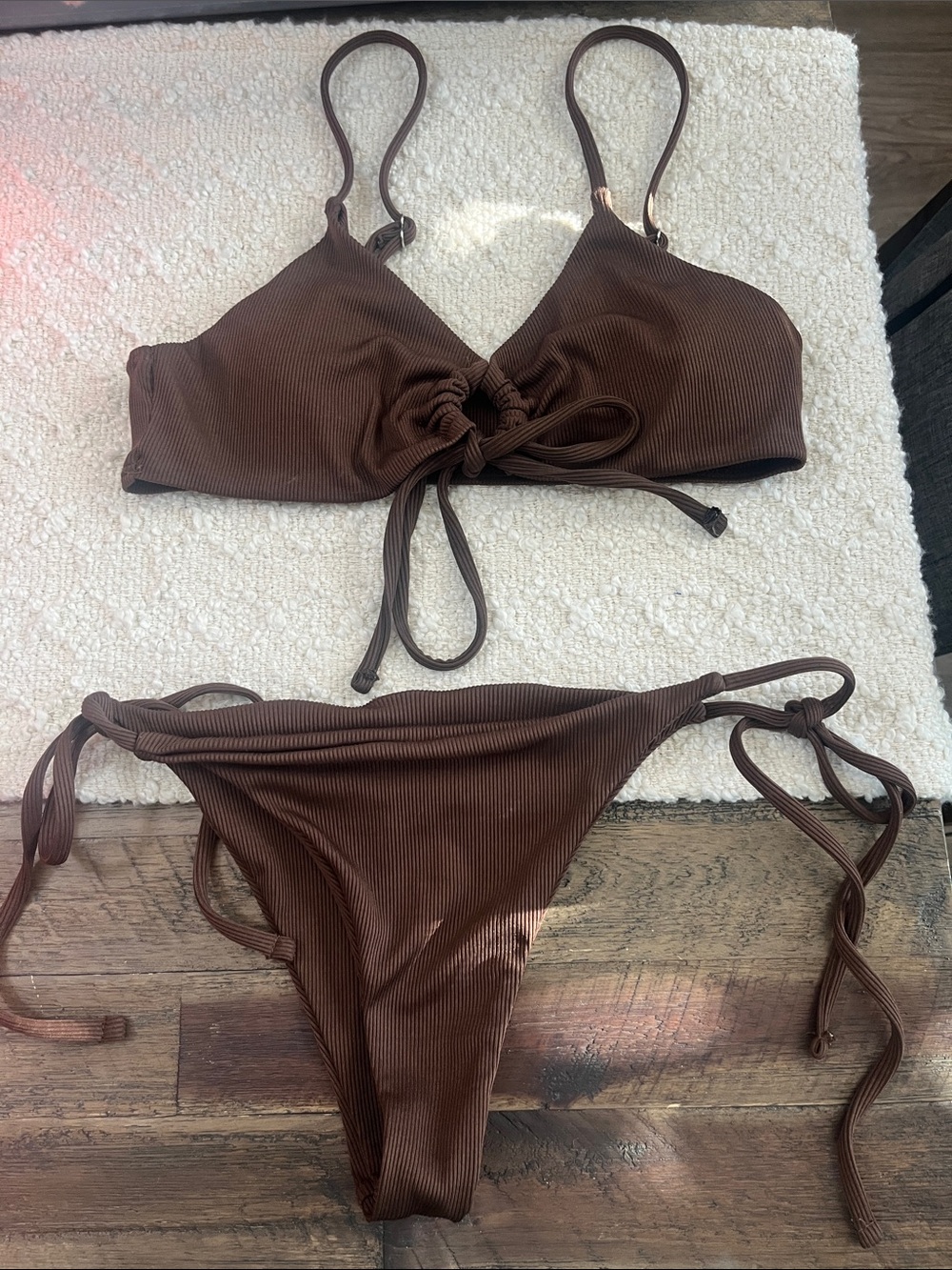 Brown Ribbed Tie-Front Bikini Set